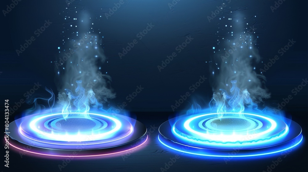 Poster A neon white game portal with smoke and glow effect. A realistic modern illustration set of a magic teleport podium with beams and steam. A futuristic round port with fog and rays for a gui concept.