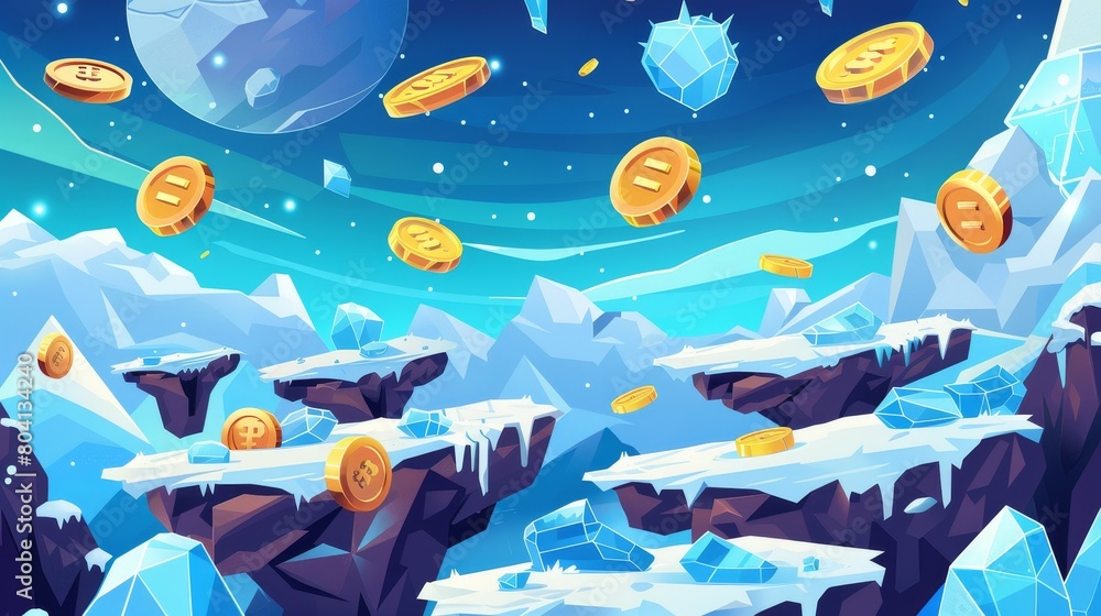 Poster coins to collect on floating land islands on background with alien planet surface in outer space. ca