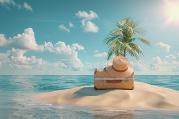 Stylish suitcase and straw hat on a tropical island with a palm tree and blue ocean