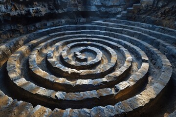 A labyrinthine maze, etched into the earth and illuminated only by the faint light of the stars above, challenges travelers to navigate the twists and turns of fate dictated by the zodiac.