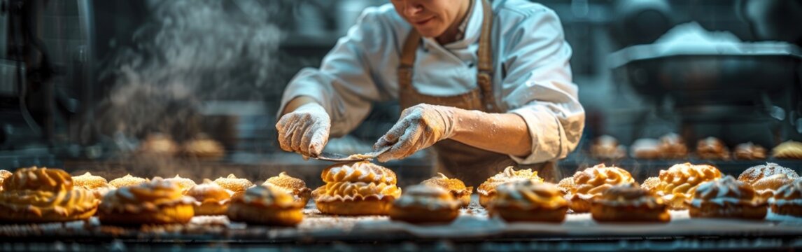 A chef in a bakery is sprinkling icing on a batch of freshly baked cupcakes
