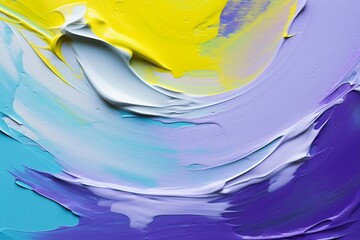 立体的な油絵・抽象背景バナー）黄色・紫・青緑のカーブ
