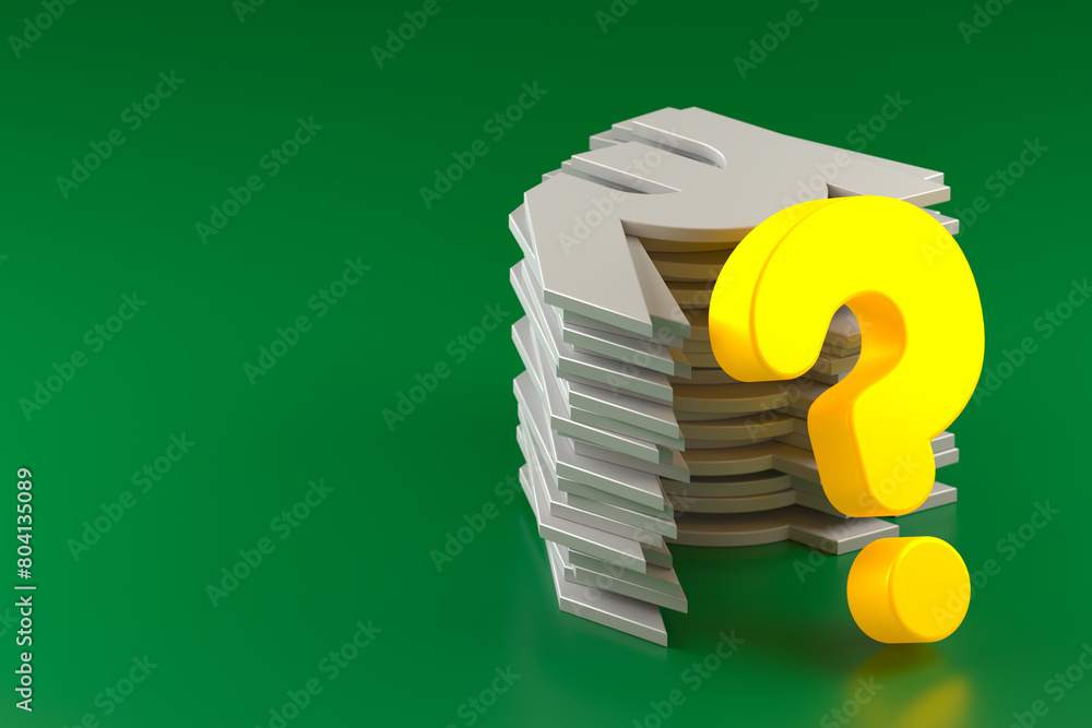 Poster a stack of india rupee signs and a neon-lit question mark on a green background. 3d rendering