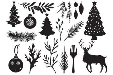 set of christmas element black silhouette
