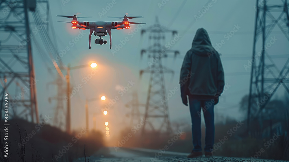 Poster technician are launching drones to inspect the power station for a planned work, drone inspecting el