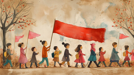 children in a celebratory parade, united by red flags and the spirit of togetherness