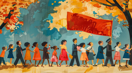 children in a celebratory parade, united by red flags and the spirit of togetherness