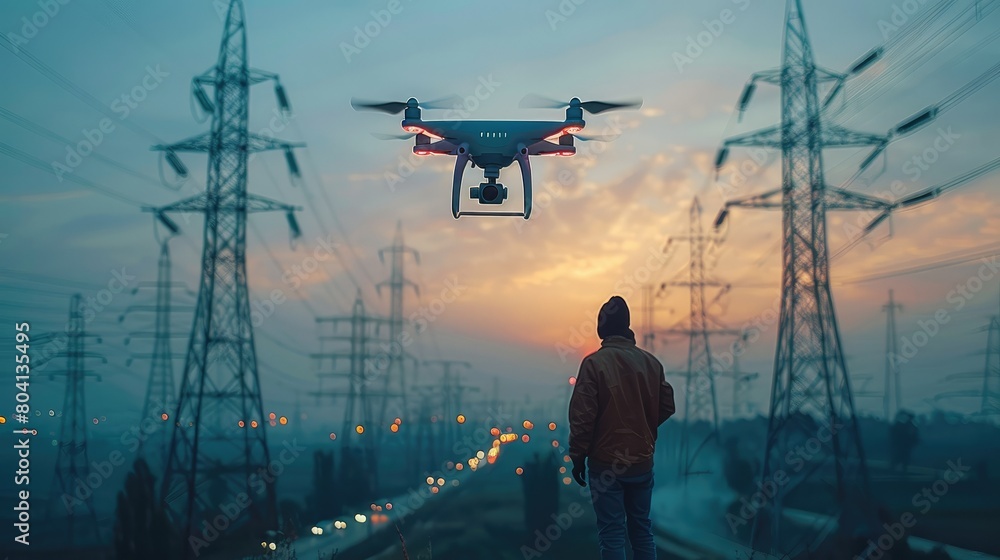 Poster technician are launching drones to inspect the power station for a planned work, drone inspecting el