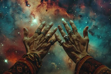 A pair of hands, adorned with rings depicting the twelve zodiac signs, reach out towards the cosmos, as if grasping for answers from the stars. - obrazy, fototapety, plakaty