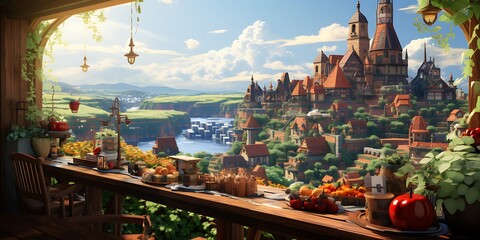 Fantasy landscape with old town. 3D illustration. 3D rendering.