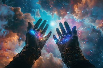 A pair of hands, adorned with rings depicting the twelve zodiac signs, reach out towards the cosmos, as if grasping for answers from the stars. - obrazy, fototapety, plakaty