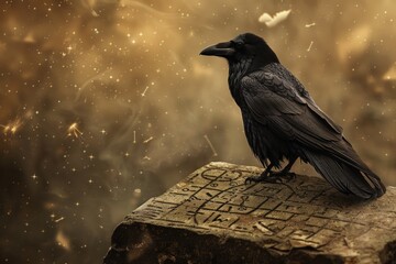 A solitary raven perches upon a weathered stone tablet, etched with the constellations of the zodiac, its caw echoing through the night.