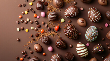 Chocolate Easter eggs and candies on brown background