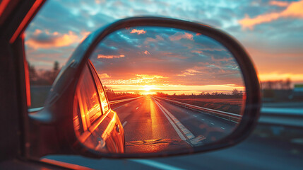 The setting sun on the side mirror of car. Beautiful landscape and road visible in the mirror