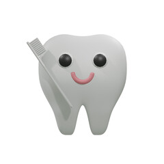 歯ブラシを持つ歯のキャクターの3D