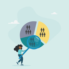 Businesswoman analyzing pie chart of customer segments. Customer analysis for marketing or advertising concept. Target audience, consumers or user group.
