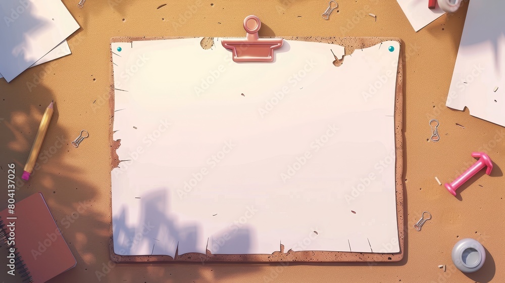 Poster it's a realistic modern brown office corkboard with notepad pages and stickers for memory writings. 