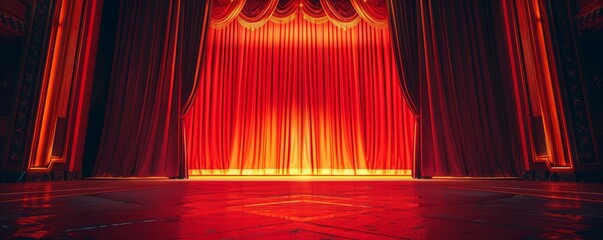 A stage curtain opening slowly, revealing the world of the play