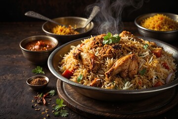 Delicious Spicy chicken biryani cuisine in a shiny silver bowl, authentic Indian food, serving...