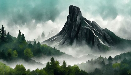 Misty Alpine Peaks. A serene view of fog-shrouded mountains amidst snowy landscapes and lush forests under a cloudy sky
