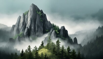 Misty Alpine Peaks. A serene view of fog-shrouded mountains amidst snowy landscapes and lush forests under a cloudy sky