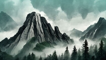 Misty Alpine Peaks. A serene view of fog-shrouded mountains amidst snowy landscapes and lush forests under a cloudy sky