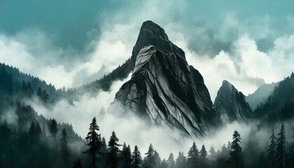 Misty Alpine Peaks. A serene view of fog-shrouded mountains amidst snowy landscapes and lush forests under a cloudy sky