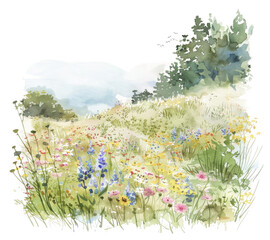 Watercolor painting of a vibrant flower meadow