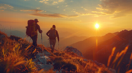 Fototapeta premium Hiker helping friend reach the mountain with sunset background, walking together. Generative AI.