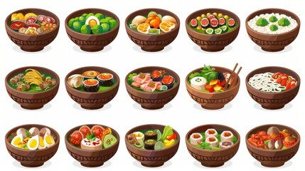 Cartoon collection of traditional Korean food. Chinese and Japanese foods for dinner on plates and bowls. Modern set of popular Asian restaurant cuisine spiced delicious dishes.