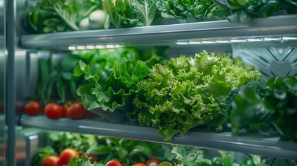 Fresh Leafy Green Lettuce and Vegetables in Refrigerator Shelves. Generative ai