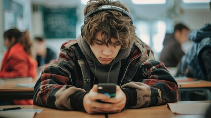 Teenage Boy Focused on Smartphone in Classroom. Generative ai