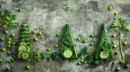 Christmas trees made of cucumber green peas and parsle