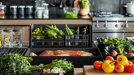 Fresh Salmon and Assorted Organic Vegetables in Modern Kitchen. Generative ai