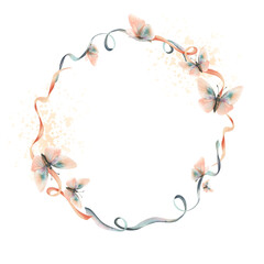 Flying butterflies, delicate, elegant in peach fuzz and turquoise colors with satin writhing ribbons. Realistic hand-drawn watercolor illustration. Round frame, wreath isolated from background.