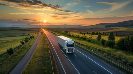 A large semi truck is driving down a long, empty road at sunset