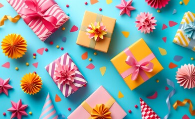 Assortment of brightly colored gift boxes adorned with creative paper crafts, set against a vibrant blue background, perfect for celebrations and special occasions