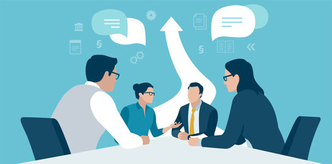 Growth. Business team discussing at table and arrow pointing up. Business vector illustration. 