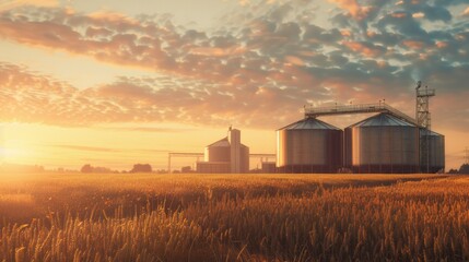 A field of grain with a sunset in the background