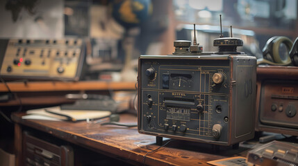 Fototapeta premium A vintage military radio set on an old desk.