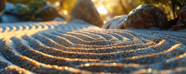 Meditative scene in a traditional Zen Garden, with sand raked into calming patterns. 