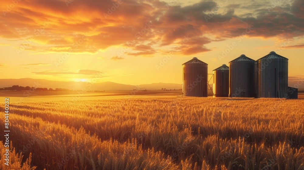 Poster a field of golden wheat with four silos in the background