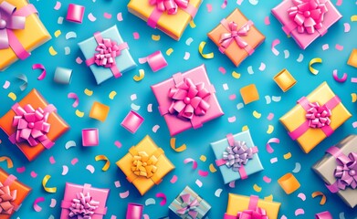 Assortment of brightly colored gift boxes adorned with creative paper crafts, set against a vibrant blue background, perfect for celebrations and special occasions