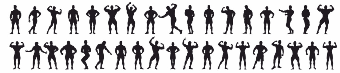 Group of body builder with different pose on white background. Muscular bodybuilder vector silhouette illustration. Sport man strong arms show in different pose. Body builder athlete showing muscles.