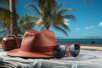 A stylish vacation setup on a beach towel featuring a fashionable hat, sunglasses, and a travel bag, with a tropical beach backdrop. - obrazy, fototapety, plakaty