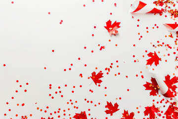 A white background with red and white maple leaves.
