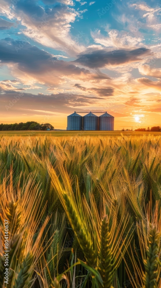 Poster a field of golden wheat with a sunset in the background