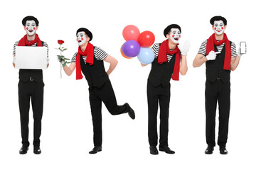 Funny mime on white background, set of photos