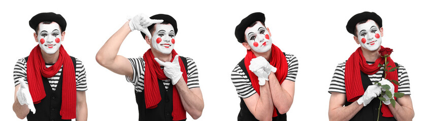 Funny mime posing on white background, set of photos