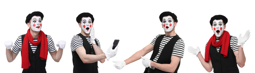 Funny mime posing on white background, set of photos